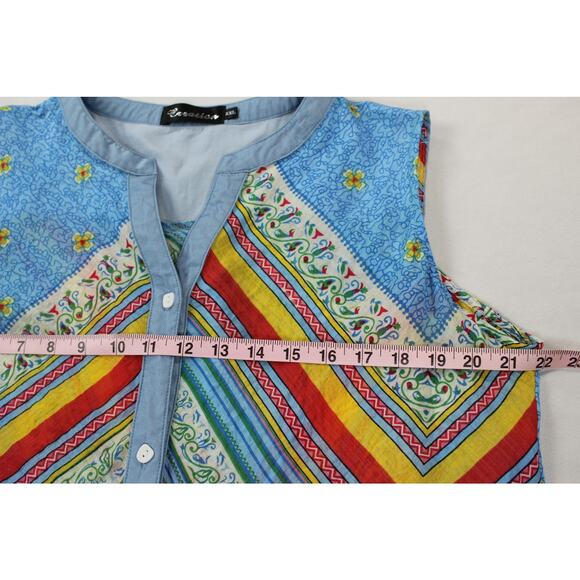 Creation XXL Sleeveless Button Front Tunic Top Boho Patchwork Floral Print - Picture 6 of 7